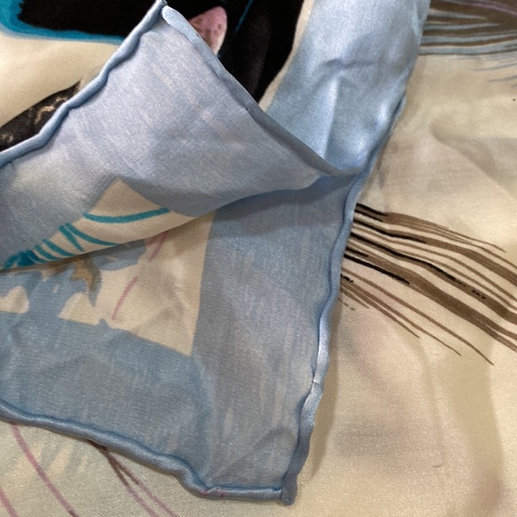 SILK SCARF BIRD FEATURES light blue with cream white hand hemmed rolled 42”x43” - Picture 12 of 16